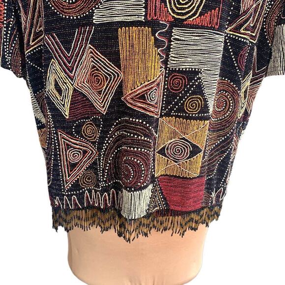 Vintage Beaded Abstract Tribal Art Cardigan Tank Set Burgundy Black Large - Picture 8 of 13